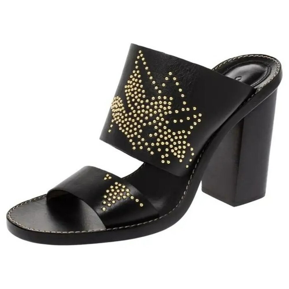 Chloe Black Leather Studded Block Heel‎ Sandals With Gold Embellishments Sz 38.5